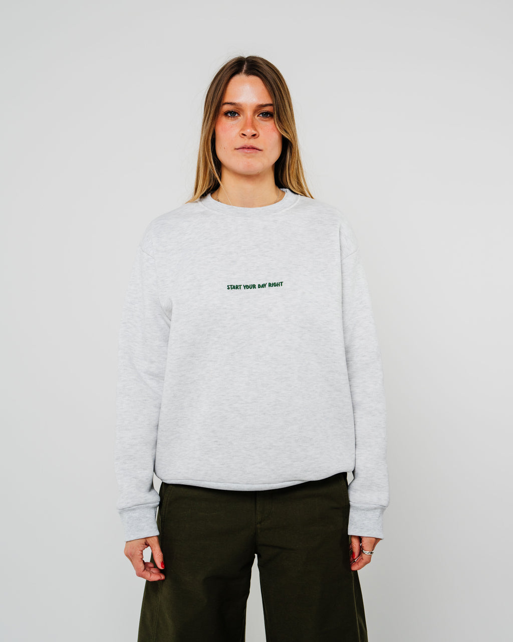 START YOUR DAY RIGHT GREY SWEATER