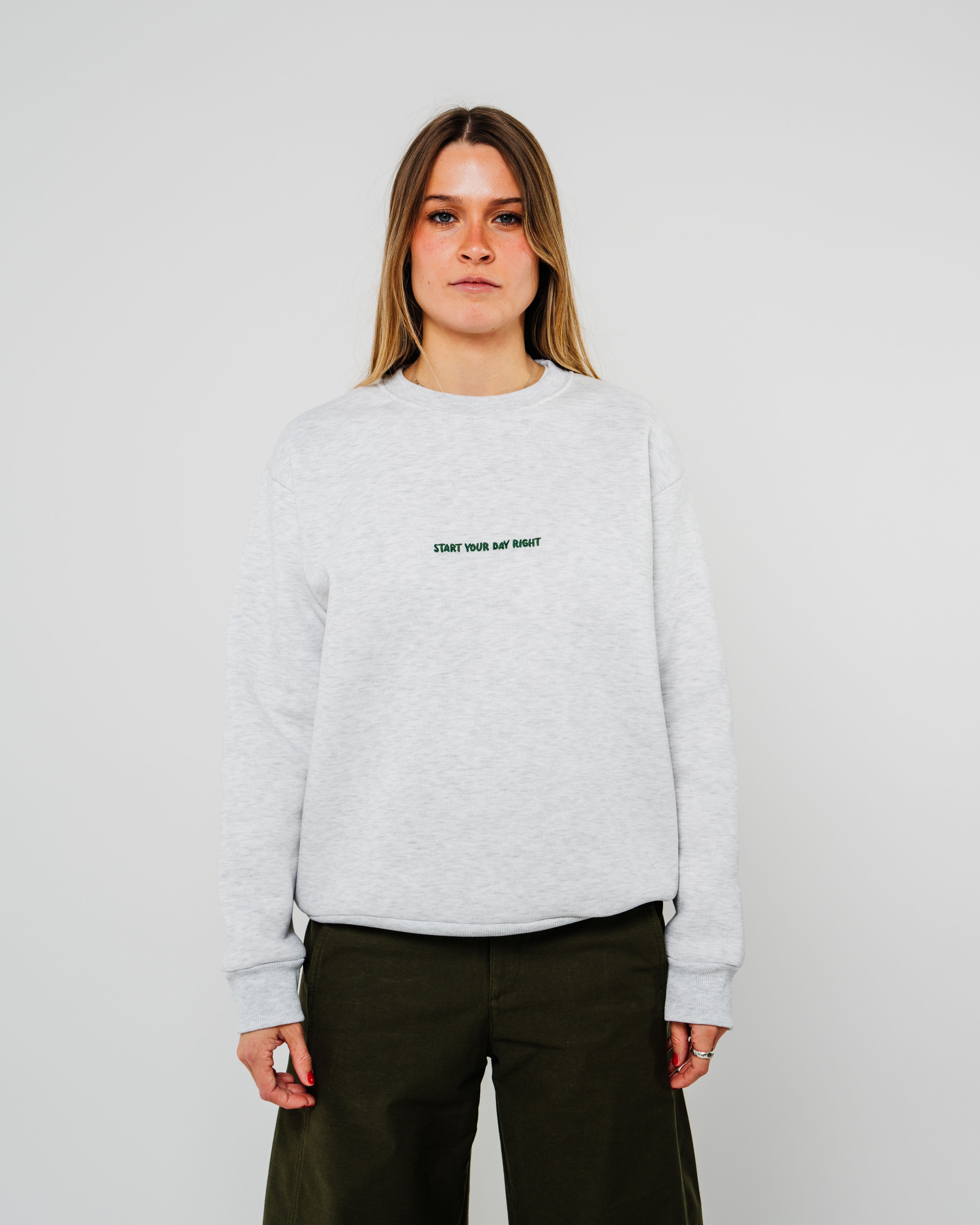 START YOUR DAY RIGHT GREY SWEATER
