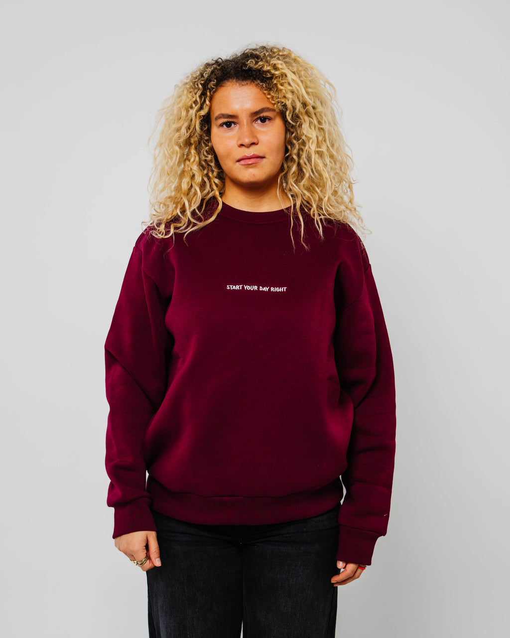 START YOUR DAY RIGHT BORDEAUX SWEATER