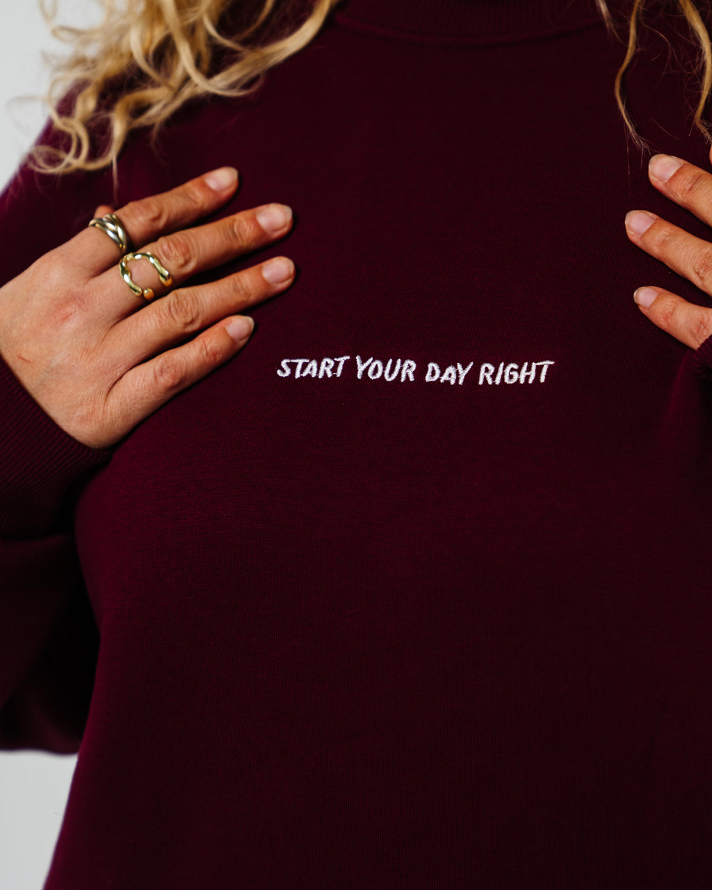 START YOUR DAY RIGHT BORDEAUX SWEATER