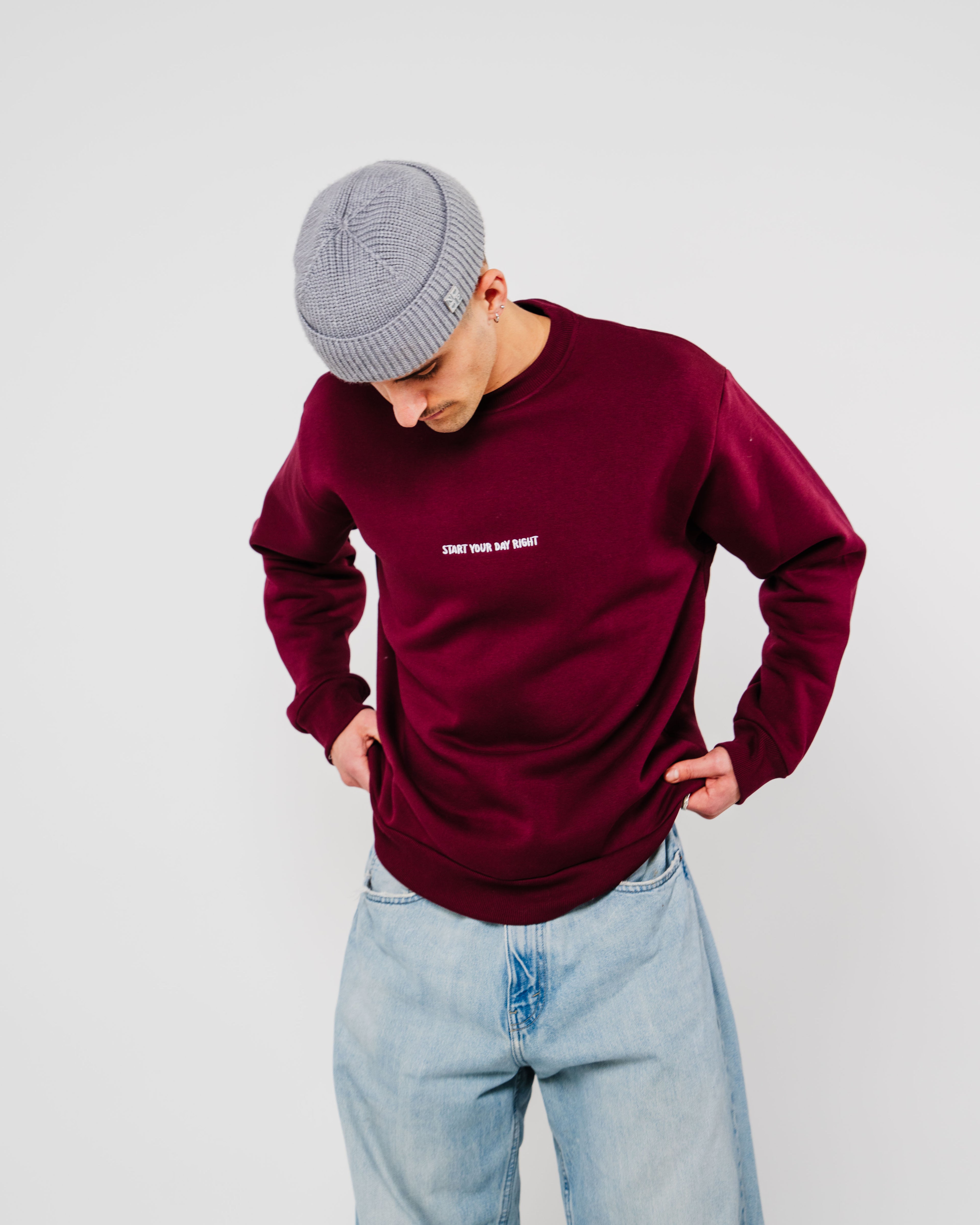 START YOUR DAY RIGHT BORDEAUX SWEATER